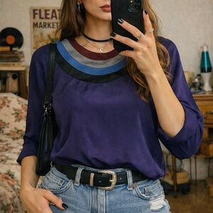Vintage Silk Blouse Purple Colorblock Trim Petite 4 Retro Top